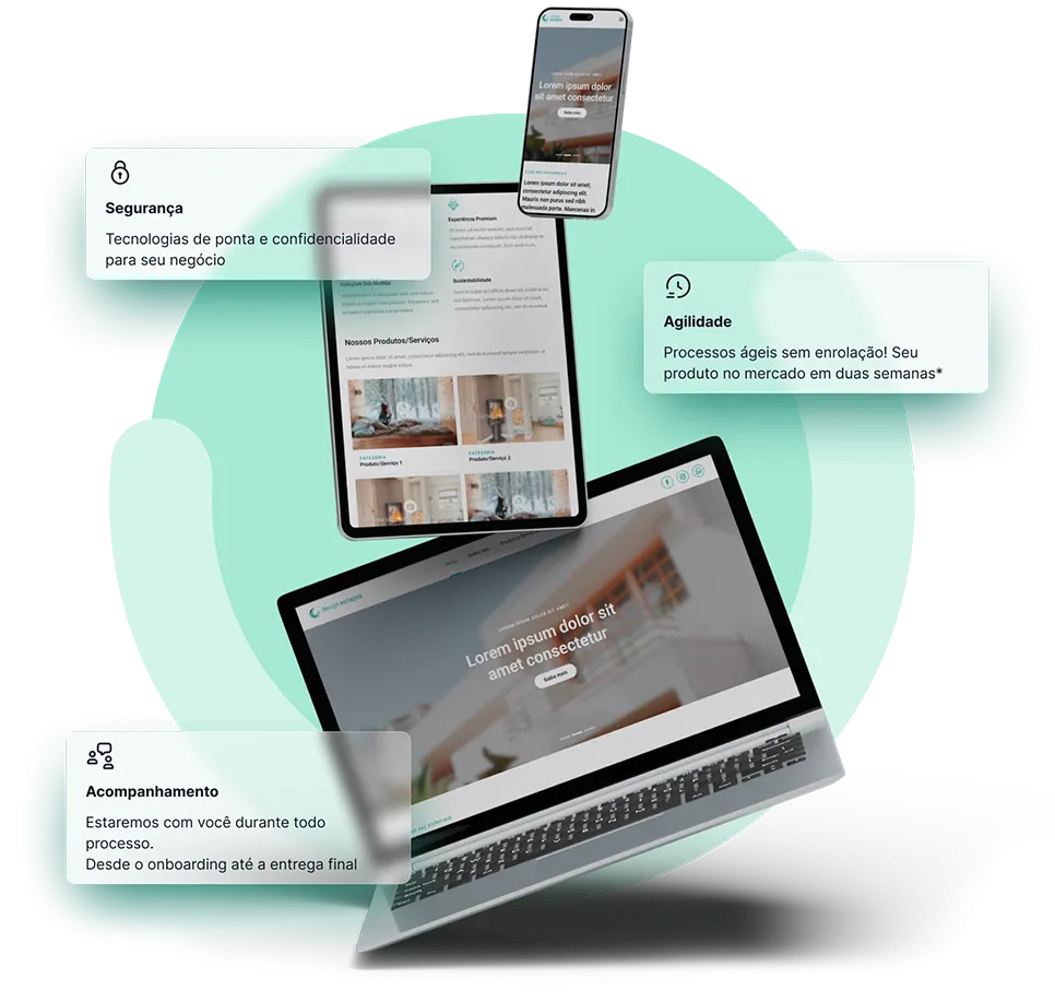 Dispositivos com sites exibidos e balões destacando segurança, agilidade e acompanhamento nos serviços da Código Um